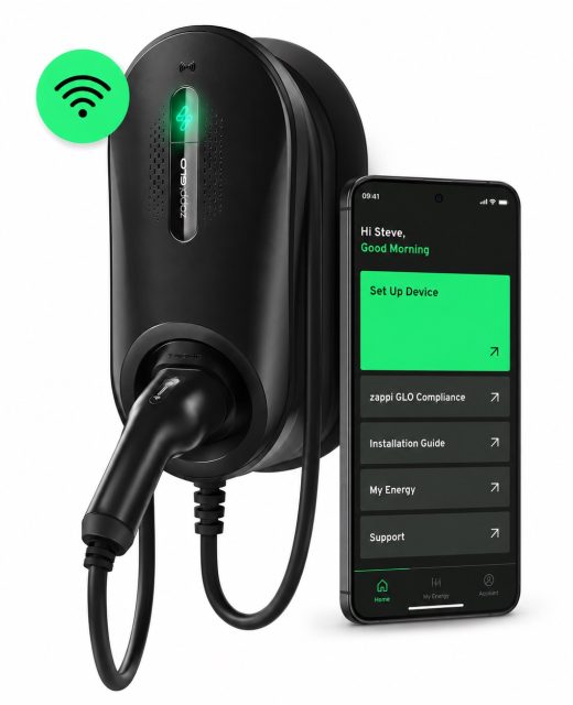 Zappi Glo EV charger and app interface