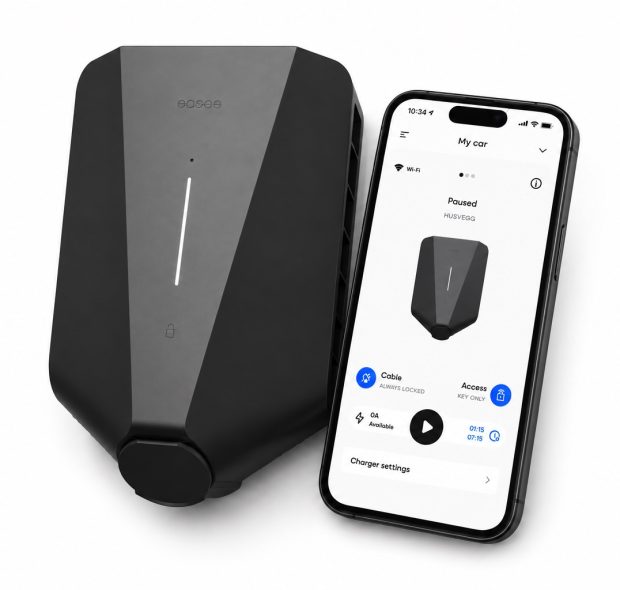 easee EV charger and smartphone app interface
